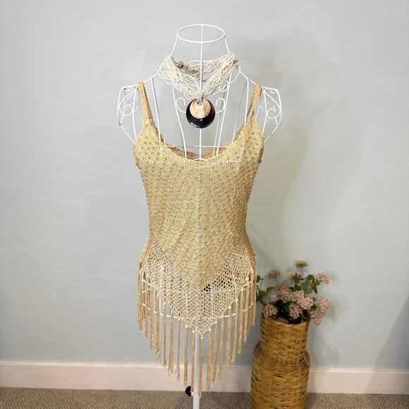 Stunning gold vintage 90s y2k sparkly beaded fringe crochet tank top - Picture 5 of 6